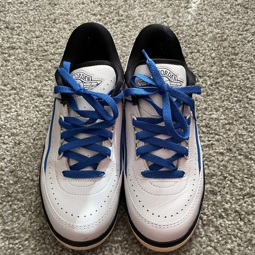 Jordan 2 Low Top Sneakers in White, Black & Blue